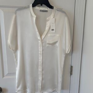Vince Silk Cream Short Sleeve Button Down Blouse